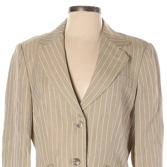 90s Vintage Linen Talbots Tan Pinstriped Blazer Classic Khaki Pinstripe Jacket 8 - Picture 3 of 5